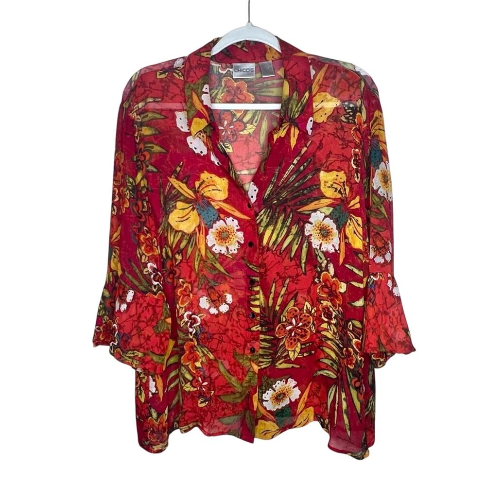 Chico's Silk Tropical Floral Blouse XL 16 Sheer Button Up Ruffle Cuff Top